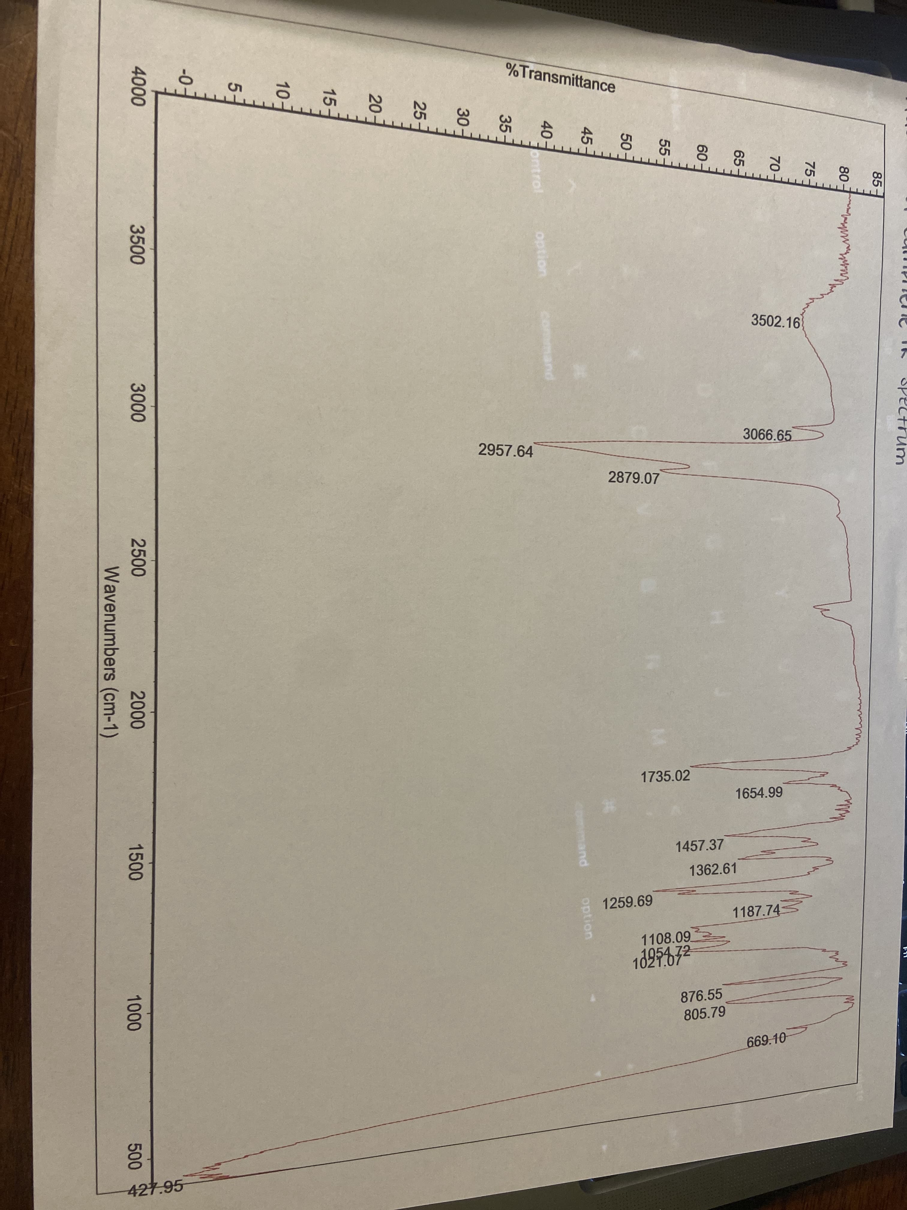 ectrum
85-
80
75-
70
65
60
55
50
45
option
command
40
ontrol
command
option
35
30
25
20
15
10-
5-
-0
4000
3500
3000
2500
2000
1500
1000
500
Wavenumbers (cm-1)
%Transmittance
3502.16
2957.64
3066.65
2879.07
1735.02
1654.99
1457.37
1362.61
1259.69
1187.74
1108.09
1025472
876.55
805.79
669.10
427.95
