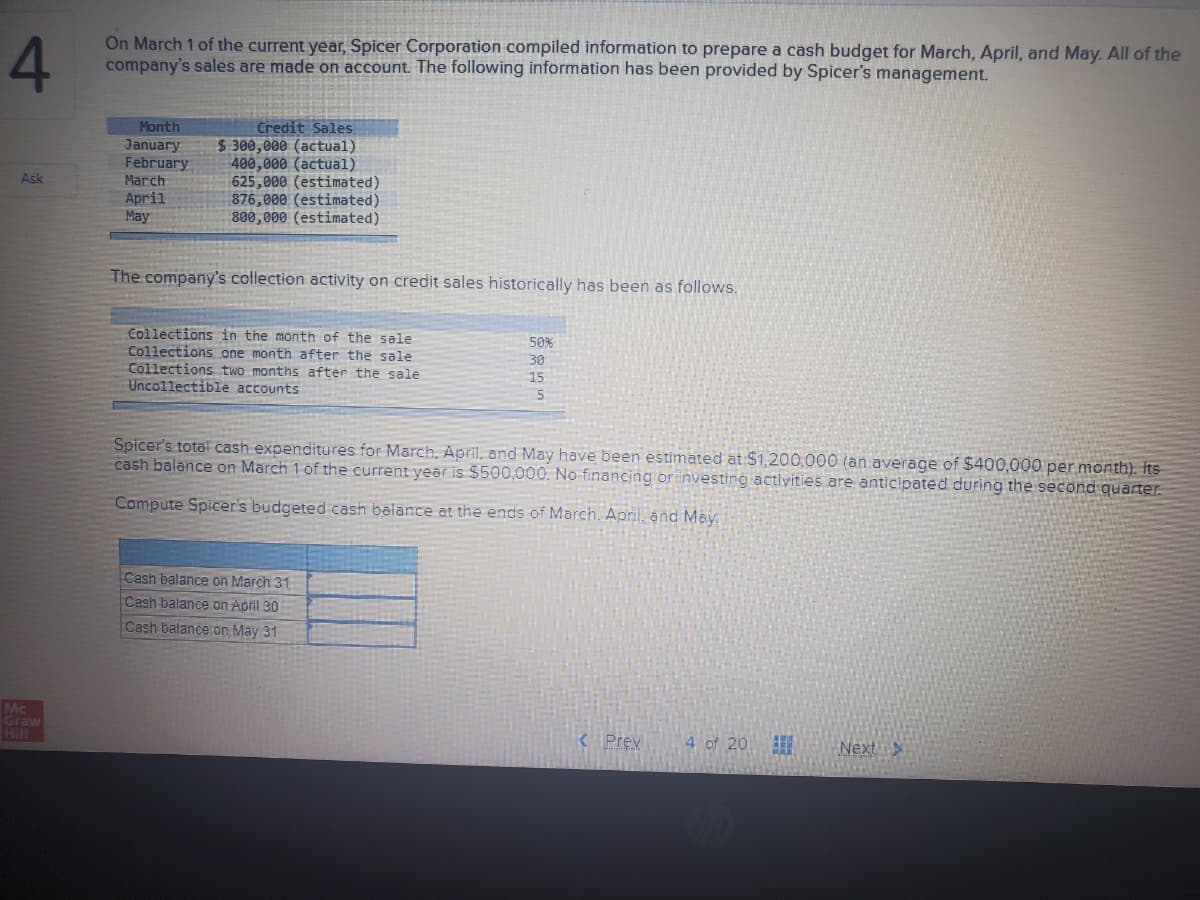 4.
On March 1 of the current year, Spicer Corporation compiled information to prepare a cash budget for March, April, and May. All of the
company's sales are made on account. The following information has been provided by Spicer's management.
Month
Credit Sales
$ 300,000 (actual)
400,000 (actual)
625,000 (estimated)
876,000 (estimated)
800,000 (estimated)
January
February
Ask
March
April
May
The company's collection activity on credit sales historically has been as follows.
Collections in the month of the sale
Collections one month after the sale
Collections two months after the sale
Uncollectible accounts
50%
30
15
Spicer's total cash expenditures for March, April, and May have been estimated at $1,200,000 (an average of $400,000 per month). Its
cash balance on March 1 of the current year is $500,000. No financing or tinvesting activities are anticipated during the second quarter.
Compute Spicer's budgeted cash balance at the ends of March. April, and May
Cash balance on March 31
Cash balance on April 30
Cash balance on May 31
Mc
Graw
K Prev
4 of 20
Next
