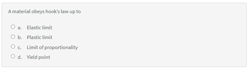 A material obeys hook's law up to
а.
Elastic limit
O b. Plastic limit
O c. Limit of proportionality
O d. Yield point

