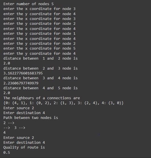 Enter number of nodes 5
enter the x coordinate for node 3
enter the y coordinate for node 4
enter the x coordinate for node 3
enter the y coordinate for node 2
enter the x coordinate for node 4
enter the y coordinate for node 1
enter the x coordinate for node 4
enter the y coordinate for node 2
enter the x coordinate for node 5
enter the y coordinate for node 4
distance between 1 and 2 node is
2.0
distance between
2 and
3 node is
3.1622776601683795
distance between 3 and
4 node is
2.23606797749979
distance between
4 and 5 node is
2.0
The neighbours of a connections are
{0: (4, 1), 1: (0, 2), 2: (1, 3), 3: (2, 4), 4: (3, 0)}
Enter source 2
Enter destination 4
Path between two nodes is
2 -->
-->
3 -->
4
Enter source 2
Enter destination 4
Quality of route is
0.5
