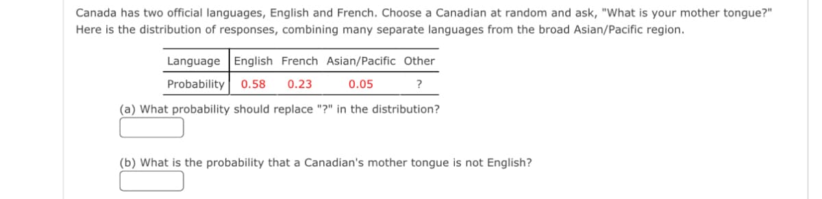 Canada has two official languages, English and French. Choose a Canadian at random and ask, "What is your mother tongue?"
Here is the distribution of responses, combining many separate languages from the broad Asian/Pacific region.
Language English French Asian/Pacific Other
Probability 0.58 0.23
0.05
?
(a) What probability should replace "?" in the distribution?
(b) What is the probability that a Canadian's mother tongue is not English?