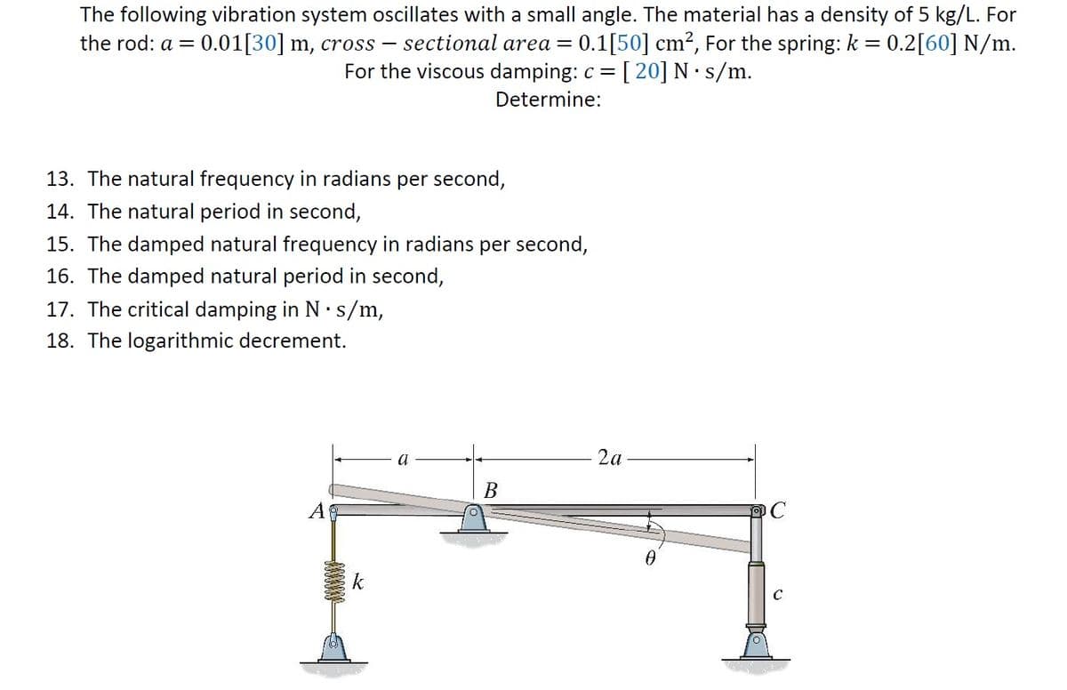 The following vibration system oscillates with a small angle. The material has a density of 5 kg/L. For
the rod: a = 0.01[30] m, cross - sectional area = 0.1[50] cm², For the spring: k = 0.2[60] N/m.
For the viscous damping: c = [20] N. s/m.
Determine:
13. The natural frequency in radians per second,
14. The natural period in second,
15. The damped natural frequency in radians per second,
16. The damped natural period in second,
I
17. The critical damping in N s/m,
18. The logarithmic decrement.
2a
k
B
0