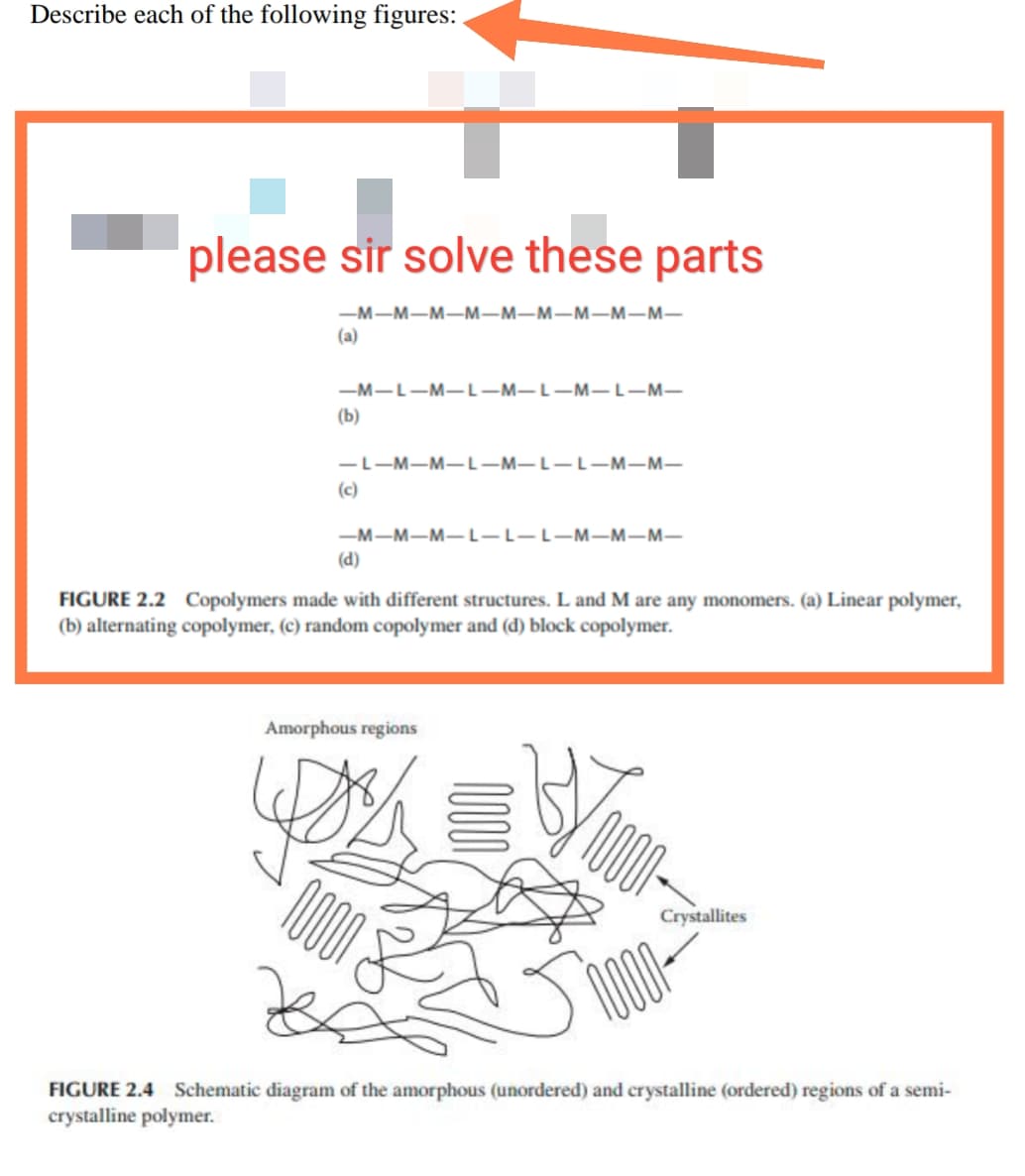 Describe each of the following figures:
please sir solve these parts
-M-M-M-M-M-M-M-M-M-
(a)
-M-L-M-L-M-L-M-L-M-
(b)
-L-M-M-L-M-L-L-M-M-
(c)
-M-M-M-L-L-L-M-M-M-
(d)
FIGURE 2.2 Copolymers made with different structures. L and M are any monomers. (a) Linear polymer,
(b) alternating copolymer, (c) random copolymer and (d) block copolymer.
Amorphous regions
L
w
S
www
Crystallites
FIGURE 2.4 Schematic diagram of the amorphous (unordered) and crystalline (ordered) regions of a semi-
crystalline polymer.