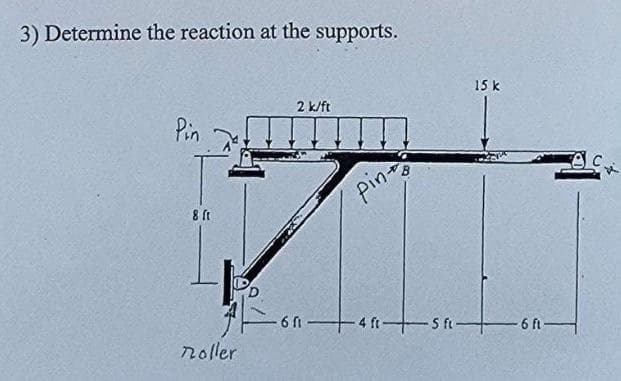 3) Determine the reaction at the supports.
Pin
8 ft
然
noller
2 k/ft
pin
15 k
-60-4f5f6ft-
C