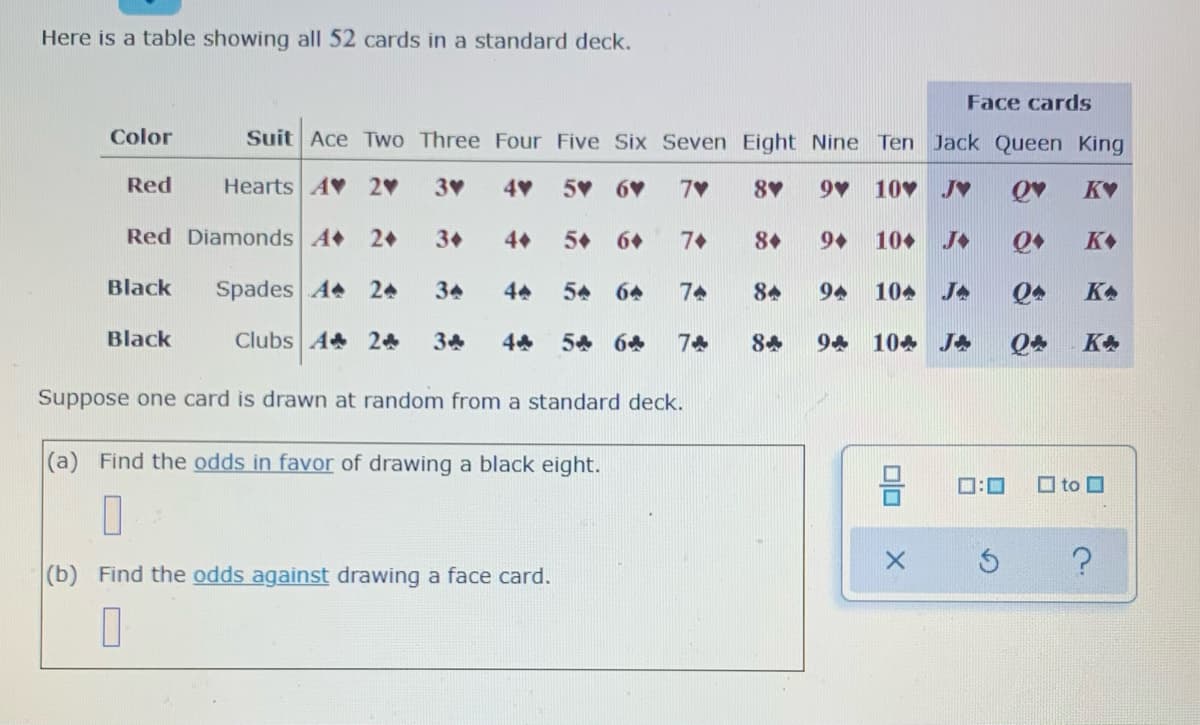 Here is a table showing all 52 cards in a standard deck.
Face cards
Color
Suit Ace Two Three Four Five Six Seven Eight Nine Ten Jack Queen King
Red
Hearts A 2
3
5 6
7V
8
10 JV
KV
Red Diamonds A 2+
3+
4
5+ 6+
7+
8+
9+
10+
J
K
Black
Spades A 24
34
44
54 64
74
84
94
104 JA
KA
Black
Clubs A 24
34
5 64
7
94 104 JA
KA
Suppose one card is drawn at random from a standard deck.
(a) Find the odds in favor of drawing a black eight.
D:0
O to O
(b) Find the odds against drawing a face card.
*** *
