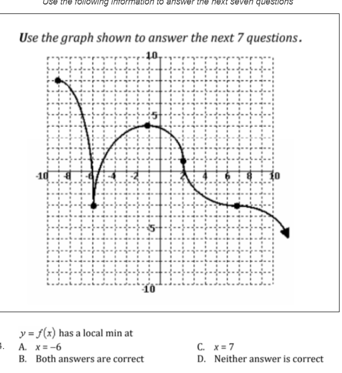 the following Information to answer
next seven questions
Use the graph shown to answer the next 7 questions.
10,
: : : :
! !!!
!! !.
10
y = f(x) has a local min at
A. x= -6
B. Both answers are correct
C. x= 7
D. Neither answer is correct
