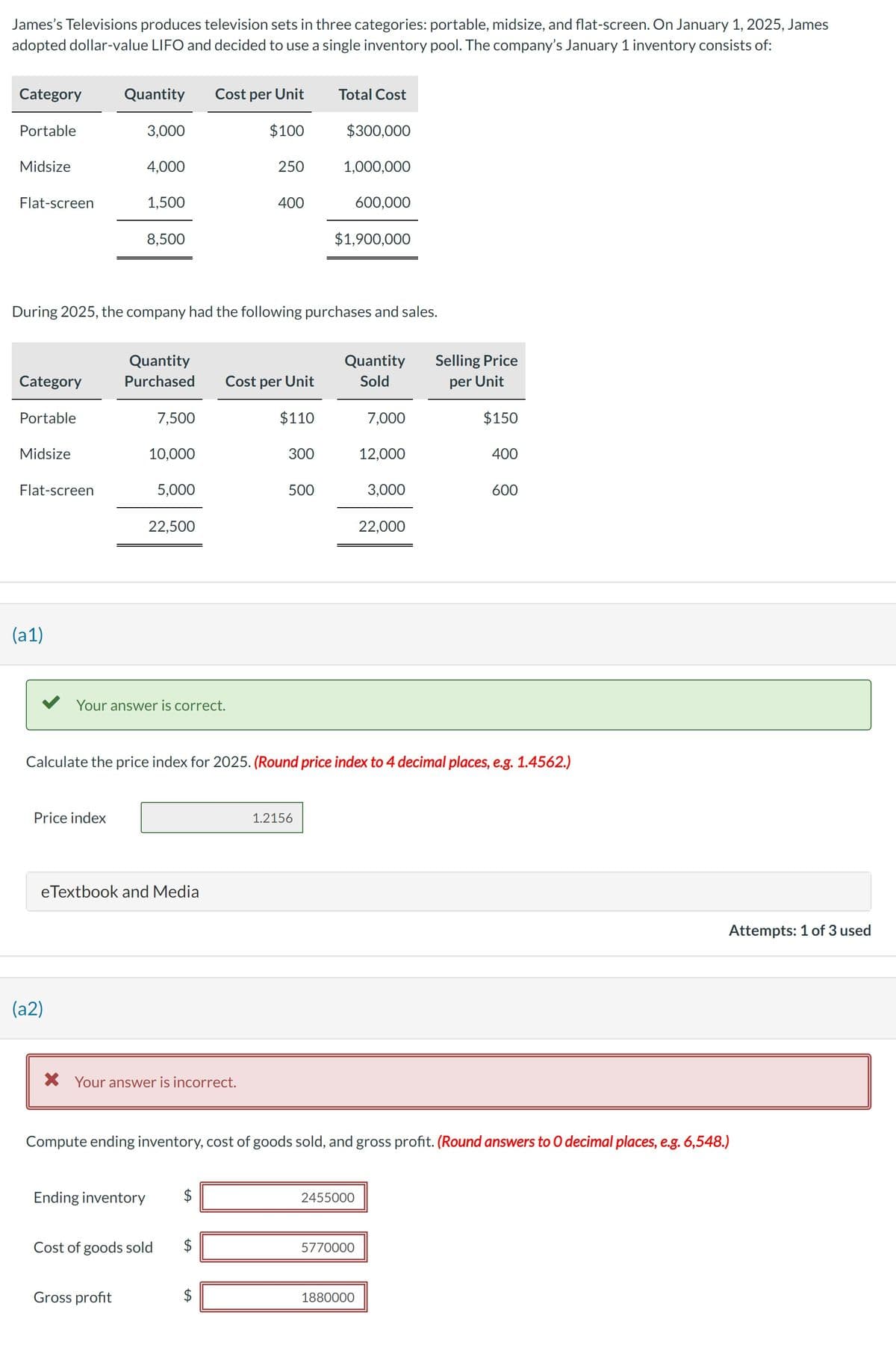 James's Televisions produces television sets in three categories: portable, midsize, and flat-screen. On January 1, 2025, James
adopted dollar-value LIFO and decided to use a single inventory pool. The company's January 1 inventory consists of:
Category
Portable
3,000
3
Midsize
4,000
Flat-screen
1,500
8,500
Category
Portable
Midsize
Flat-screen
(a1)
Quantity Cost per Unit
$100
Price index
During 2025, the company had the following purchases and sales.
(a2)
Quantity
Purchased
7,500
10,000
5,000
Your answer is correct.
22,500
eTextbook and Media
Ending inventory
Gross profit
X Your answer is incorrect.
250
$
Cost of goods sold $
400
Cost per Unit
$110
LA
300
500
Total Cost
$300,000
1.2156
1,000,000
$1,900,000
Calculate the price index for 2025. (Round price index to 4 decimal places, e.g. 1.4562.)
600,000
Quantity
Sold
2455000
5770000
7,000
1880000
12,000
3,000
Compute ending inventory, cost of goods sold, and gross profit. (Round answers to O decimal places, e.g. 6,548.)
22,000
Selling Price
per Unit
$150
400
600
Attempts: 1 of 3 used