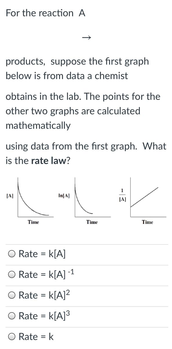 For the reaction A
products, suppose the first graph
below is from data a chemist
obtains in the lab. The points for the
other two graphs are calculated
mathematically
using data from the first graph. What
is the rate law?
1
[A]
In[A]
[A]
Time
Time
Time
Rate = k[A]
%3D
Rate
k[A] -1
O Rate = k[A]?
Rate = k[A]³
Rate = k
