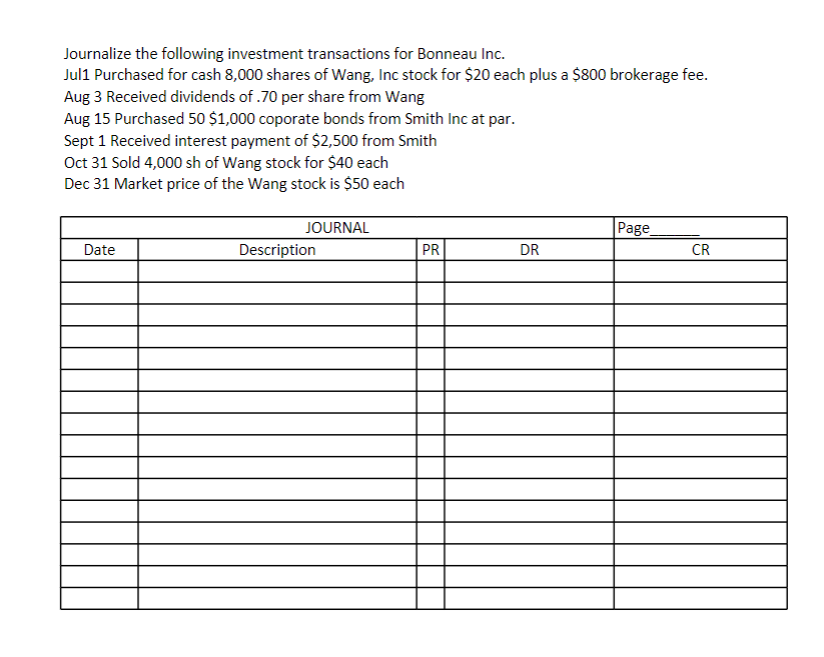 Journalize the following investment transactions for Bonneau Inc.
Jul1 Purchased for cash 8,000 shares of Wang, Inc stock for $20 each plus a $800 brokerage fee.
Aug 3 Received dividends of .70 per share from Wang
Aug 15 Purchased 50 $1,000 coporate bonds from Smith Inc at par.
Sept 1 Received interest payment of $2,500 from Smith
Oct 31 Sold 4,000 sh of Wang stock for $40 each
Dec 31 Market price of the Wang stock is $50 each
Date
JOURNAL
Description
PR
DR
Page
CR