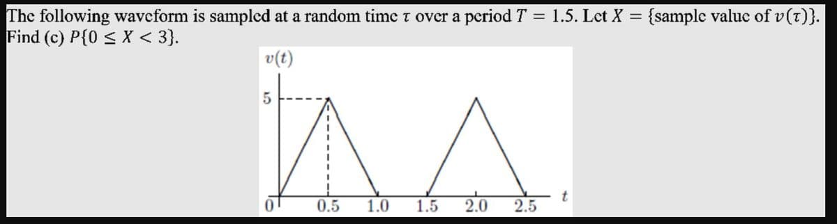 The following waveform is sampled at a random time t over a period T
Find (c) P{0 < X < 3}.
1.5. Let X = {sample value of v(t)}.
v(t)
5
0.5
1.0
1.5
2.0
2.5
