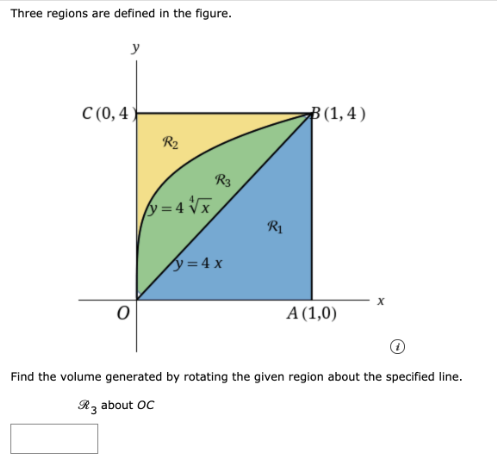 Three regions are defined in the figure.
y
C (0,4)
0
R₂
y = 4√√x
P
y = 4 x
R₁
B(1,4)
A (1,0)
X
Find the volume generated by rotating the given region about the specified line.
R3 about OC