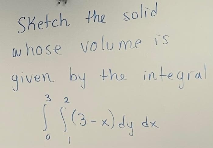 Sketch the solid
whose volume is
given by the integral
3 2
{ $(3-x) dy di
dx