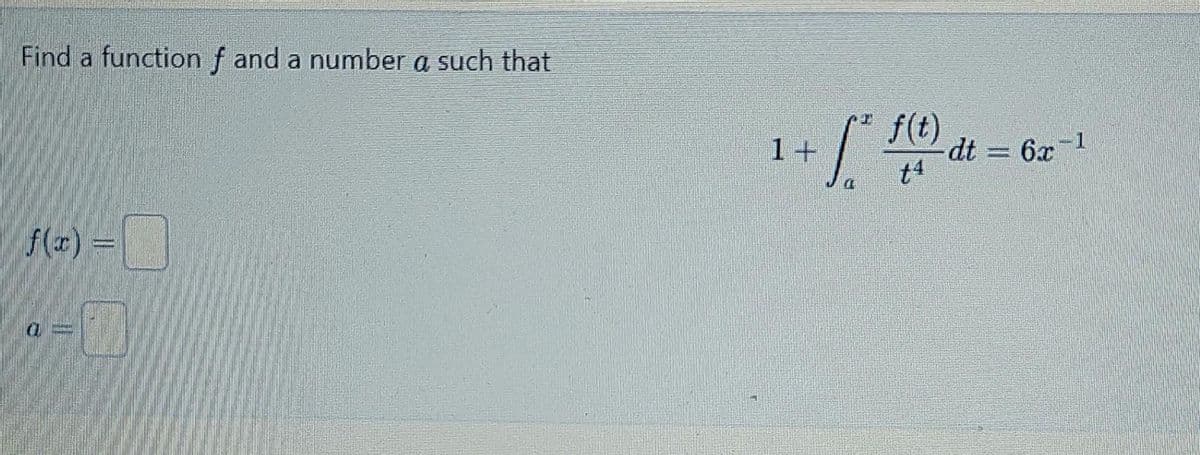 Find a function f and a number a such that
f(x) =
a=11
f(t)
t4
1+
[²²
dt = 6x-¹