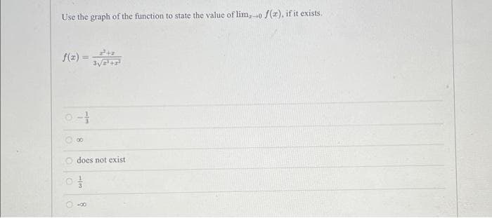 Use the graph of the function to state the value of lim,-o f(x), if it exists.
O
=
8
3√2 +2²
does not exist
10 //