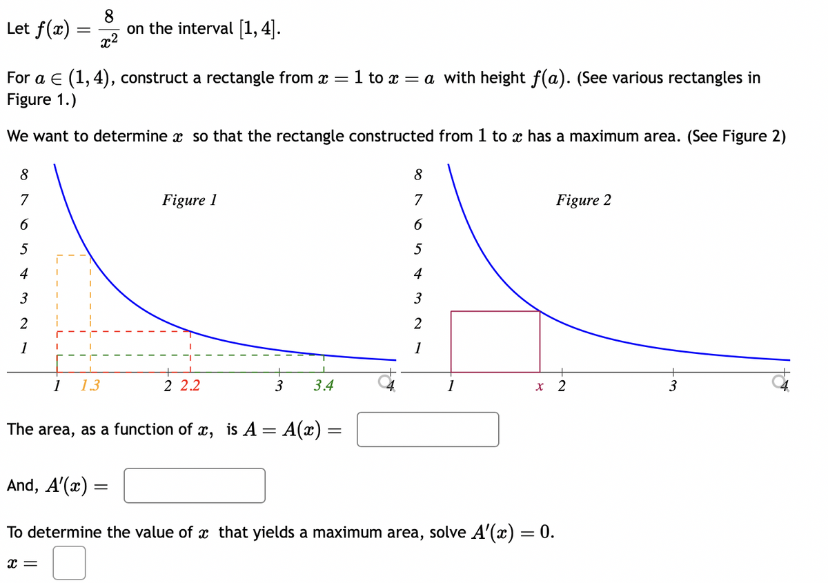 Let f(x)
8
7
6
5
4
=
For a € (1,4), construct a rectangle from x = 1 to x = a with height f(a). (See various rectangles in
Figure 1.)
We want to determine x so that the rectangle constructed from 1 to x has a maximum area. (See Figure 2)
3
2
1
8
x²
on the interval [1, 4].
1 1.3
Figure 1
2 2.2
3 3.4
The area, as a function of ï, is A = A(x) =
=
8
7
6
5
4
3
2
1
Figure 2
X 2
And, A'(x) =
To determine the value of x that yields a maximum area, solve A'(x) = 0.
x =
3