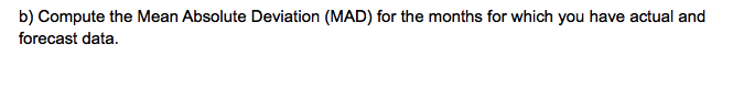 b) Compute the Mean Absolute Deviation (MAD) for the months for which you have actual and
forecast data.
