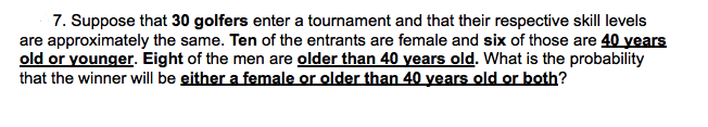 7. Suppose that 30 golfers enter a tournament and that their respective skill levels
are approximately the same. Ten of the entrants are female and six of those are 40 years
old or younger. Eight of the men are older than 40 years old. What is the probability
that the winner will be either a female or older than 40 years old or both?
