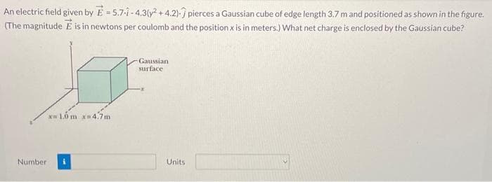 An electric field given by E = 5.7-1-4.3(y² + 4.2) pierces a Gaussian cube of edge length 3.7 m and positioned as shown in the figure.
(The magnitude E is in newtons per coulomb and the position x is in meters.) What net charge is enclosed by the Gaussian cube?
Number
x= 1.0m x=4.7m
Gaussian
surface
Units