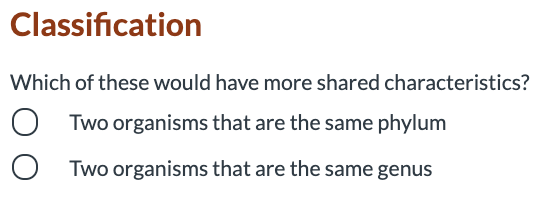 Classification
Which of these would have more shared characteristics?
Two organisms that are the same phylum
Two organisms that are the same genus
