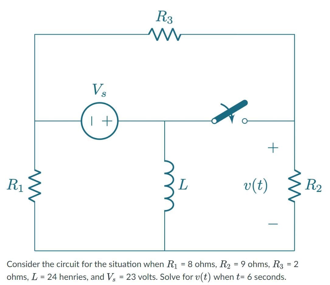 R1
www
V.
| +
R3
www
L
v(t)
+
Consider the circuit for the situation when R₁ = 8 ohms, R2 = 9 ohms, R3 = 2
ohms, L = 24 henries, and Vs = 23 volts. Solve for v(t) when t= 6 seconds.
R₂