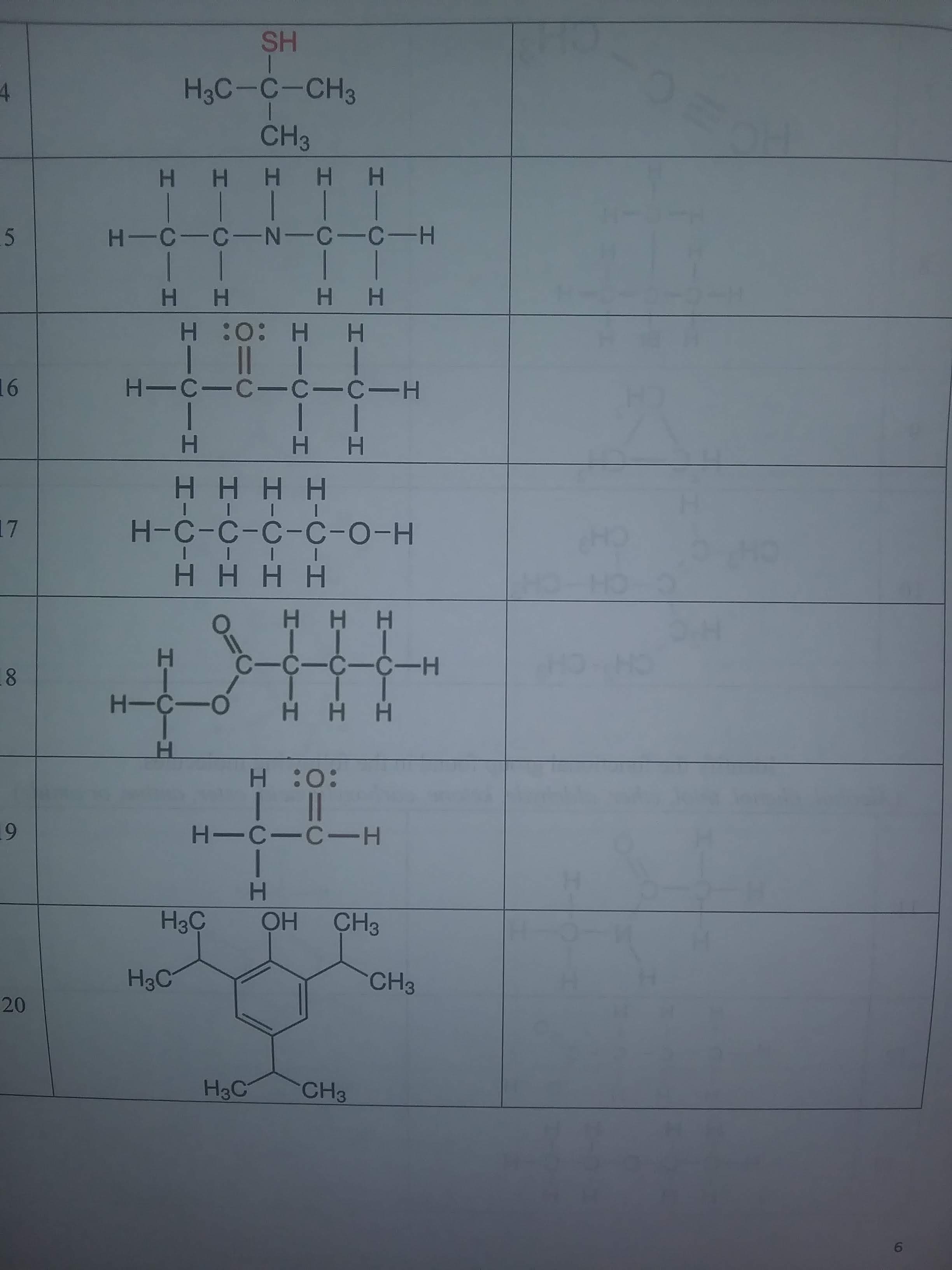 On this page, we have a series of chemical structures. Each structure corresponds to different organic compounds, and these illustrations are detailed models of their respective molecular arrangements. Here's a detailed breakdown:

1. **Structure at Line 4:**
   ```
      SH
     |
   H3C-C-CH3
       |
       CH3
   ```
   This is a sulfur-containing organic molecule. The structure includes a central carbon atom bonded to a Sulfur-Hydrogen group (SH), three methyl groups (CH3) are attached.

2. **Structure at Line 5:**
   ```
       H   H   H   H
       |   |   |   |
     H-C—C—C—C-H
       |   |   |   |
       H   H   H   H
   ```
   This is a simple hydrocarbon chain. Each carbon (C) atom is bonded to four atoms (either Hydrogen (H) or Carbon (C)).

3. **Structure at Line 6:**
   ```
       H     H   
       |     |
     H-C—C—C-H       
       |     |        
     H-C=O
       :O:     
       H    
   ```     
   This molecule has a hydrocarbon chain with a carbonyl group (C=O) and an oxygen atom with lone pairs of electrons (:O:) bonded to it.

4. **Structure at Line 7:**
   ```
       H   H   H   H
       |   |   |   |
     H-C—C—C—C—H
       |   |   |   |
       O   H   O   H
   ```
   This is a primary alcohol with multiple hydroxyl groups (O-H) attached to the hydrocarbon chain.

5. **Structure at Line 8:**
   ```
       H
       |
     H-C—C-H
       |     
       O
       ||
       C     
       |
       H 
   ```
   This diagram represents a molecule containing a hydrocarbon chain and a carbonyl group (C=O).

6. **Structure at Line 9:**
   ```
                     H3C   OH   CH3  
                     |     |     | 
              H3C—    C    —C—    C-CH3
                     |     |     | 
                H    C— C6H4  C    CH3     
                    