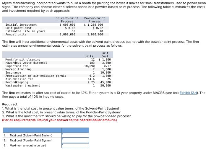 Myers Manufacturing Incorporated wants to build a booth for painting the boxes it makes for small transformers used to power neon
signs. The company can choose either a solvent-based or a powder-based paint process. The following table summarizes the costs
and investment required by each approach:
Initial investment
Unit paint cost
Estimated life in years.
Annual units
Monthly pit cleaning
Hazardous waste disposal
Superfund fee
Worker training
Solvent-Paint
Process
$ 600,000
$ 0.16
10
2,000,000
The firm will incur additional environmental costs with the solvent paint process but not with the powder paint process. The firm
estimates annual environmental costs for the solvent paint process as follows:
Insurance.
Amortization of air-emission permit
Air-emission fee
Recordkeeping
Wastewater treatment
Powder-Paint
Process
$ 1,200,000
$ 0.22
10
2,000,000
1. Total cost (Solvent-Paint System)
2.
Total cost (Powder-Paint System)
3.
Maximum amount to be paid
Units
12
183
18,690
2
1
0.2
44.6
0.25
1
Unit
Cost
$ 1,000
3,000
0.17
1,500
10,000
1,000
25
45,000
50,000
The firm estimates its after-tax cost of capital to be 12%. Either system is a 10-year property under MACRS (see text Exhibit 12.4). The
firm pays a total of 40% in income taxes.
Required:
1. What is the total cost, in present value terms, of the Solvent-Paint System?
2. What is the total cost, in present value terms, of the Powder-Paint System?
3. What is the most the firm should be willing to pay for the powder-based process?
(For all requirements, Round your answer to the nearest dollar amount.)