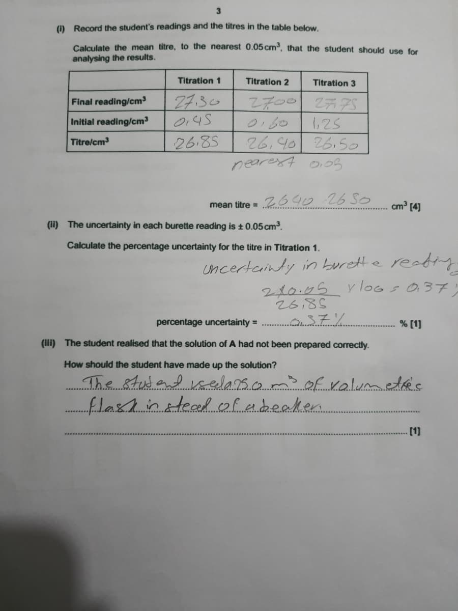 3.
(1) Record the student's readings and the titres in the table below.
Calculate the mean titre, to the nearest 0.05cm³, that the student should use for
analysing the results.
Titration 1
Titration 2
Titration 3
27.30
0145
乙デつ0 2元7S
Final reading/cm3
Initial reading/cm
0.60
26,40 26.5o
nearext o0S
,25
26.85
Titre/cm
2640 26So
cm³ [4]
mean titre =
(ii) The uncertainty in each burette reading is ± 0.05 cm3.
Calculate the percentage uncertainty for the titre in Titration 1.
incertainty in burette reatly
2x0.05 Y loos 0.37
26,85
percentage uncertainty =
.DZソ
% (1]
(i) The student realised that the solution of A had not been prepared correctly.
How should the student have made up the solution?
The studanduselans.ms of valumetes
flastinteadofebeaken
(1]
