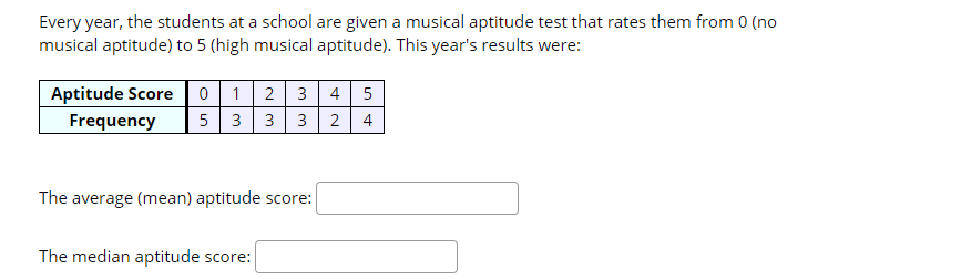 ### Musical Aptitude Test Results Analysis

Each year, the students at a school undergo a musical aptitude test that assesses their musical skills on a scale from 0 (no musical aptitude) to 5 (high musical aptitude). The results for this year's test are as follows:

#### Aptitude Scores Distribution:

| Aptitude Score | Frequency |
|:--------------:|:---------:|
|       0        |     5     |
|       1        |     3     |
|       2        |     3     |
|       3        |     3     |
|       4        |     2     |
|       5        |     4     |

#### Statistical Analysis:

- **The average (mean) aptitude score:** [Answer to be filled in based on calculation]
- **The median aptitude score:** [Answer to be filled in based on calculation]

#### Calculation of the Average (Mean) Aptitude Score:

To calculate the average (mean) aptitude score, use the formula:

\[ \text{Average} = \frac{\sum (\text{Aptitude Score} \times \text{Frequency})}{\sum \text{Frequency}} \]

#### Calculation of the Median Aptitude Score:

To find the median aptitude score, list all scores in ascending order and find the middle value:

\[ \text{Median} = \text{middle value of the ordered data set} \]

This analysis helps in determining the overall musical aptitude levels of the students in the school for the given year.

For further understanding, teachers can guide students through these calculations, ensuring they gain hands-on experience with statistical analysis concepts.