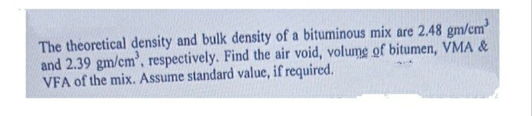 The theoretical density and bulk density of a bituminous mix are 2.48 gm/cm³
and 2.39 gm/cm³, respectively. Find the air void, volume of bitumen, VMA &
VFA of the mix. Assume standard value, if required.