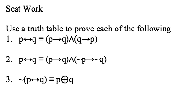 Seat Work
Use a truth table to prove each of the following
1. pe+q = (p→q)^q→p)
2. pe+q = (p→q)^(-p→q)
3. (pe+q) = pOq
