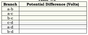 Branch
Potential Difference (Volts)
a-b
а-с
b-c
c-d
a-d
b-d
