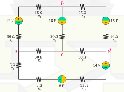 b
15 N
25 N
R2
12 V
18 V
15 V
30 0
R3
20 0
R4
10 0
R5
Wr
d
a
30 0
R6
50Ω
R7
14 V
Ra
15 0
R10
8 V
R9
