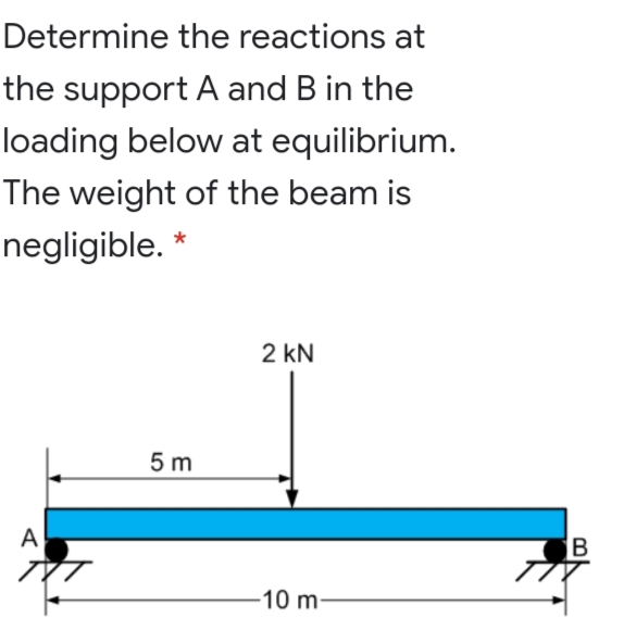 Determine the reactions at
the support A and B in the
loading below at equilibrium.
The weight of the beam is
negligible. *
2 kN
5 m
A
B
10 m-
