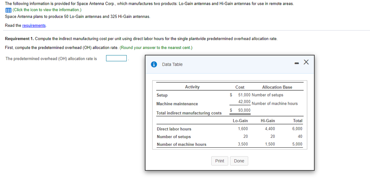 The following information is provided for Space Antenna Corp., which manufactures two products: Lo-Gain antennas and Hi-Gain antennas for use in remote areas.
E (Click the icon to view the information.)
Space Antenna plans to produce 50 Lo-Gain antennas and 325 Hi-Gain antennas.
Read the requirements.
Requirement 1. Compute the indirect manufacturing cost per unit using direct labor hours for the single plantwide predetermined overhead allocation rate.
First, compute the predetermined overhead (OH) allocation rate. (Round your answer to the nearest cent.)
The predetermined overhead (OH) allocation rate is
- X
Data Table
Activity
Cost
Allocation Base
Setup
51,000 Number of setups
42,000 Number of machine hours
Machine maintenance
%24
Total indirect manufacturing costs
93,000
Lo-Gain
Hi-Gain
Total
Direct labor hours
1,600
4,400
6,000
Number of setups
20
20
40
Number of machine hours
3,500
1,500
5,000
Print
Done
