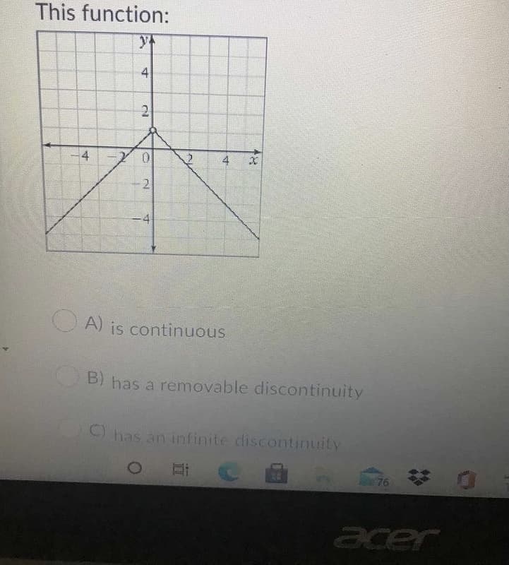 This function:
4
2
2
-4
O A) is continuous.
B) has a removable discontinuity
C) has an infinite discontinuity
Hi
76
acer
