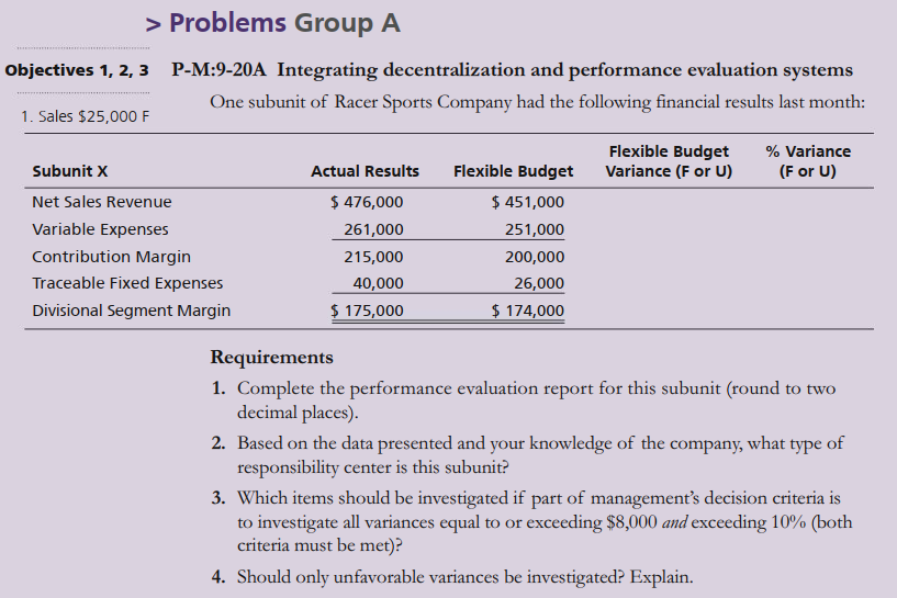 > Problems Group A
Objectives 1, 2, 3 P-M:9-20A Integrating decentralization and performance evaluation systems
One subunit of Racer Sports Company had the following financial results last month:
1. Sales $25,000 F
Flexible Budget
Variance (F or U)
% Variance
Subunit X
Actual Results
Flexible Budget
(F or U)
Net Sales Revenue
$ 476,000
$ 451,000
Variable Expenses
261,000
251,000
Contribution Margin
215,000
200,000
Traceable Fixed Expenses
40,000
26,000
Divisional Segment Margin
$ 175,000
$ 174,000
Requirements
1. Complete the performance evaluation report for this subunit (round to two
decimal places).
2. Based on the data presented and your knowledge of the company, what type of
responsibility center is this subunit?
3. Which items should be investigated if part of management's decision criteria is
to investigate all variances equal to or exceeding $8,000 and exceeding 10% (both
criteria must be met)?
4. Should only unfavorable variances be investigated? Explain.
