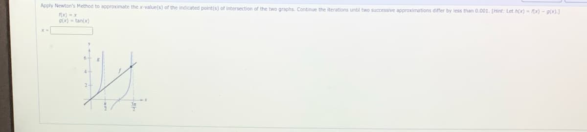 Apply Newton's Method to approximate the x-value(s) of the indicated point(s) of intersection of the two graphs. Continue the iterations until two successive approximations differ by less than 0.001. [Hint: Let h(x) - x) - g(x).]
g(x) - tan(x)
