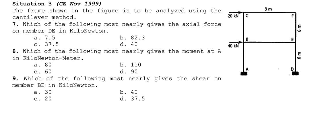 Situation 3 (CE Nov 1999)
The frame shown in the figure is to be analyzed using the
cantilever method.
8 m
20 kN
7. Which of the following most nearly gives the axial force
on member DE in KiloNewton.
а.
7.5
b. 82.3
E
c. 37.5
d. 40
40 kN
8. Which of the following most nearly gives the moment at A
in KiloNewton-Meter.
b. 110
d. 90
9. Which of the following most nearly gives the shear on
а. 80
c. 60
member BE in KiloNewton.
b. 40
а. 30
c. 20
d. 37.5
6 m
w 9
