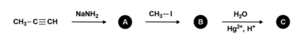 NaNH2
CH3-I
H20
CH3-CECH
A
B
Hg*, H*
