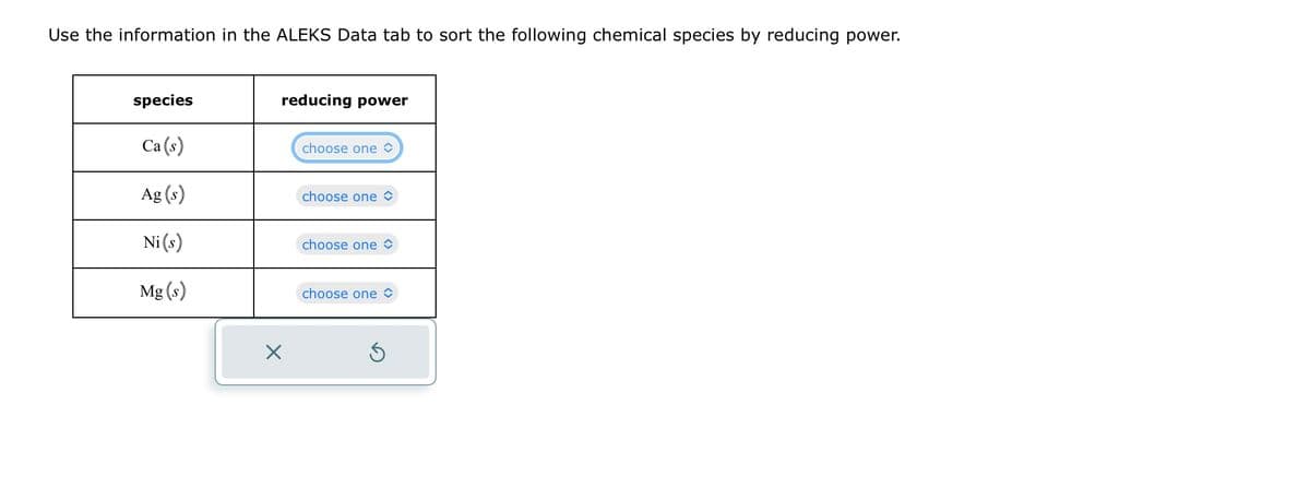 Use the information in the ALEKS Data tab to sort the following chemical species by reducing power.
species
Ca(s)
Ag (s)
Ni (s)
Mg(s)
reducing power
X
choose one
I choose one
choose one
I choose one
S