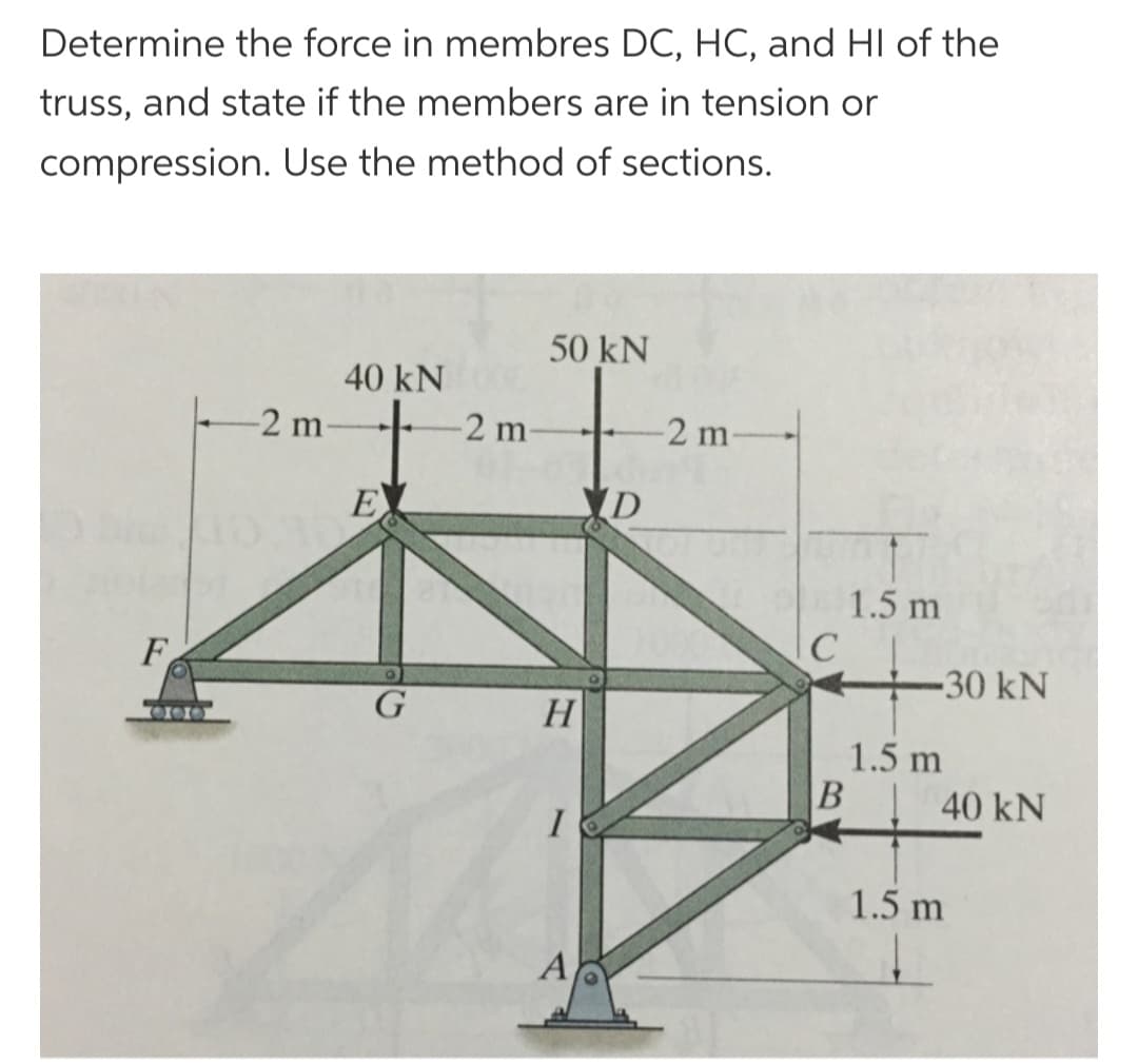 Determine the force in membres DC, HC, and HI of the
truss, and state if the members are in tension or
compression. Use the method of sections.
F
-2 m
40 kN
E
G
-2 m-
50 kN
14
H
A
D
-2 m-
C
1.5 m
B
-30 kN
1.5 m
40 kN
1.5 m