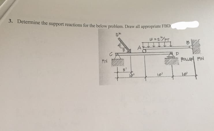 3. Determine the support reactions for the below problem. Draw all appropriate FBD.
W = 2* // FT.
PIN
16¹
A
10¹
AP
ROLLER PIN
10¹