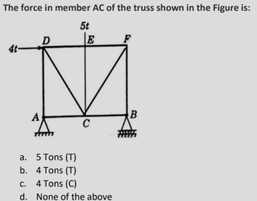 The force in member AC of the truss shown in the Figure is:
5t
E
4t
A
a. 5 Tons (T)
b. 4 Tons (T)
C.
4 Tons (C)
d. None of the above
