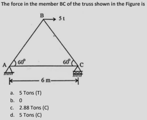 The force in the member BC of the truss shown in the Figure is
B
5t
A 60°
60
6 m-
a.
5 Tons (T)
b. 0
2.88 Tons (C)
d. 5 Tons (C)
C.
