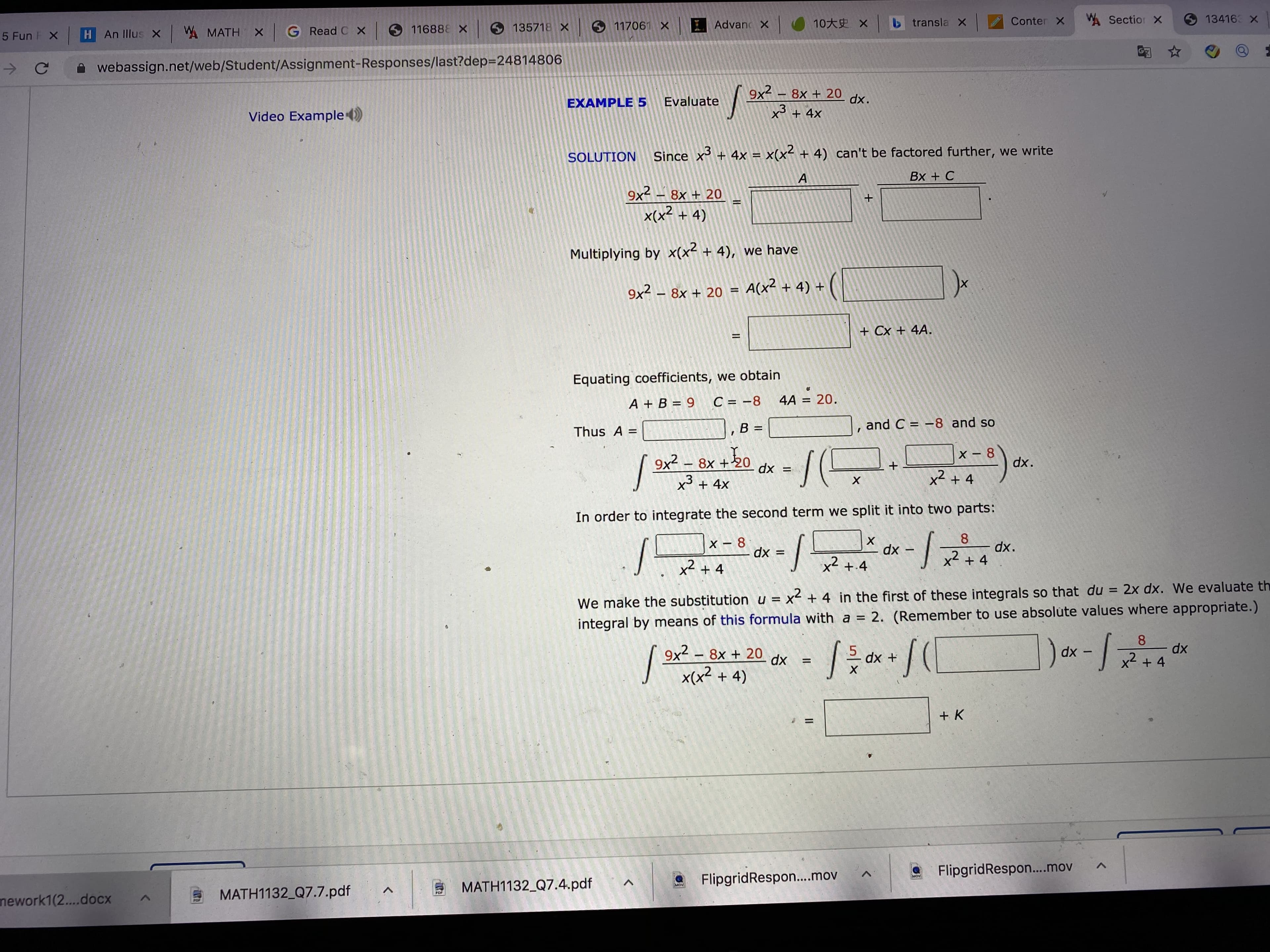 9x2 -
x3 + 4x
8x + 20
dx.
Evaluate
Since x + 4x = x(x² + 4) can't be factore
