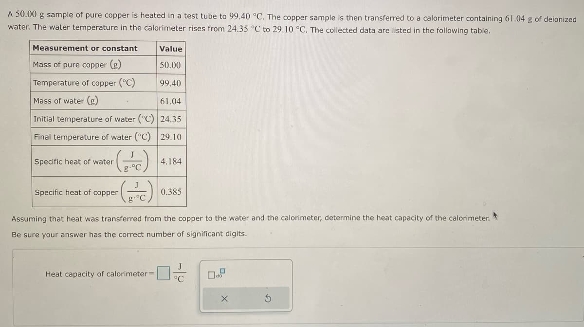 A 50.00 g sample of pure copper is heated in a test tube to 99.40 °C. The copper sample is then transferred to a calorimeter containing 61.04 g of deionized
water. The water temperature in the calorimeter rises from 24.35 °C to 29.10 °C. The collected data are listed in the following table.
Measurement or constant
Mass of pure copper (g)
Value
50.00
Temperature of copper (°C)
99.40
Mass of water (g)
61.04
Initial temperature of water (°C) 24.35
Final temperature of water (°C) 29.10
Specific heat of water
Specific heat of copper
g.°C
4.184
Heat capacity of calorimeter =
0.385
Assuming that heat was transferred from the copper to the water and the calorimeter, determine the heat capacity of the calorimeter.
Be sure your answer has the correct number of significant digits.
J
°C
4
