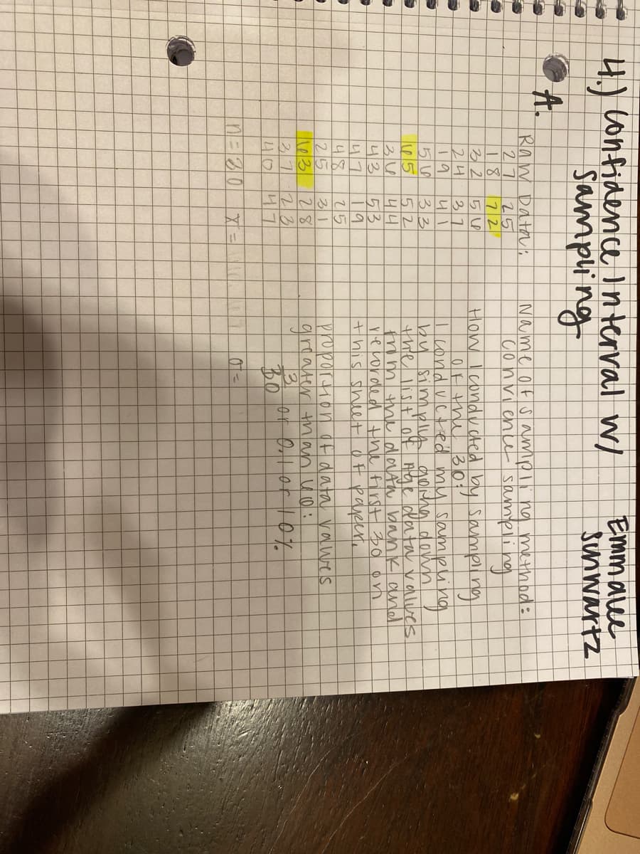 4) confidence Interral w/
Sampling
Emmalce
sunwartz
A.
Ran Datai
27
18
32
25
72
Name of s ampli no method:
Convience' sampling
condu cted by sampling
30:
Icond vcted my samplung
by simply orha down
the list of Age data v en lwes.
tim the dllaAn bank and
recoroded the first 2o on
this sheet of pareer.
How
24
31
19
니 1
33
52
니니
53
19
25
34
43
4/7
48
25
1e/3
37
4/01
roportion af data vawe's
ardater than u (0 :
31
3.
or Orlor lo%
30
47
n=D30x
