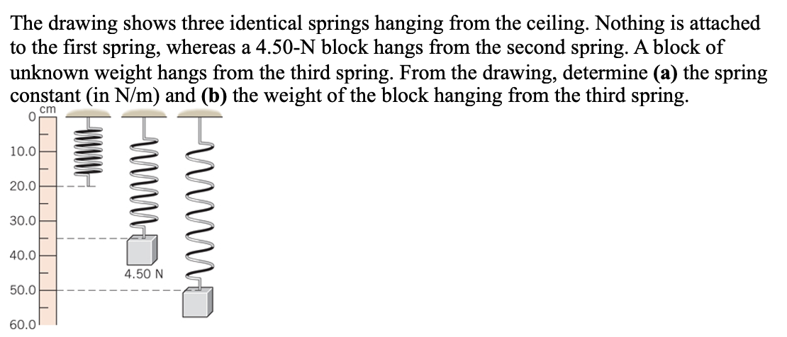 The drawing shows three identical springs hanging from the ceiling. Nothing is attached
to the first spring, whereas a 4.50-N block hangs from the second spring. A block of
unknown weight hangs from the third spring. From the drawing, determine (a) the spring
constant (in N/m) and (b) the weight of the block hanging from the third spring.
cm
10.0
20.0
30.0
40.0
4.50 N
50.0
60.0
