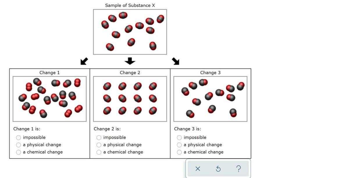 Sample of Substance X
Change 1
Change 2
Change 3
Change 1 is:
Change 2 is:
Change 3 is:
impossible
impossible
impossible
a physical change
a physical change
a physical change
a chemical change
a chemical change
a chemical change
OOO
