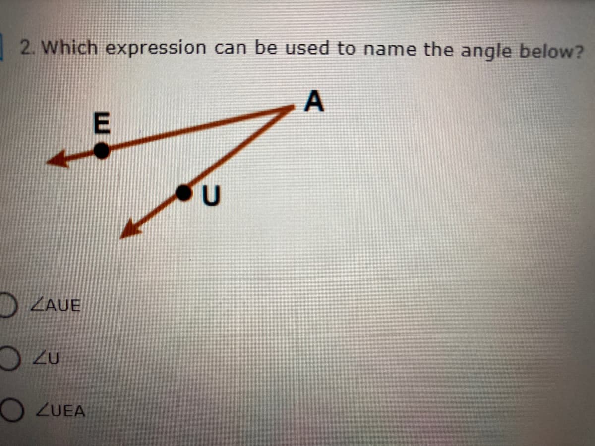 2. Which expression can be used to name the angle below?
D ZAUE
O ZUEA
